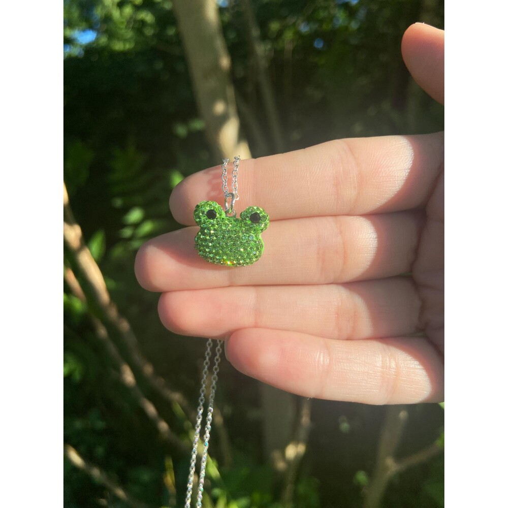 Green Frog Necklace - Small Green Frog Necklace with Rhinestones - Frog Charm